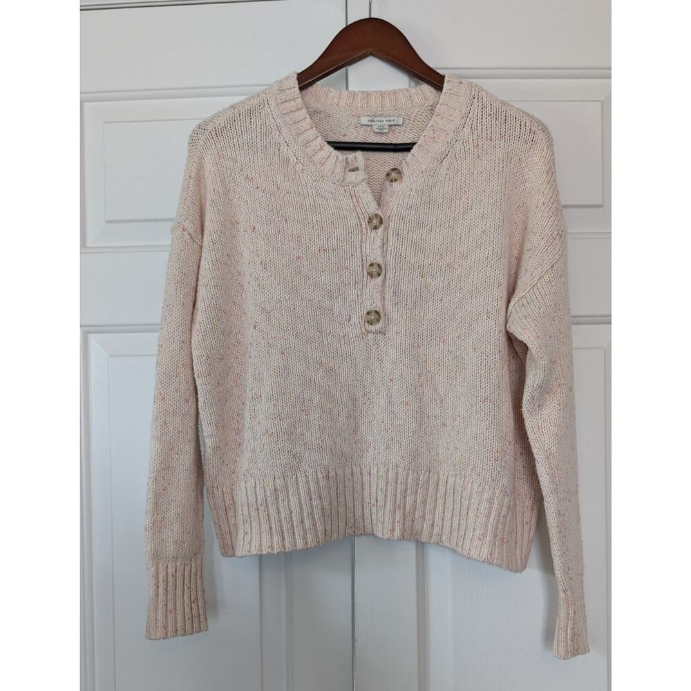 American Eagle Pink Knit Cropped Henley Sweater
